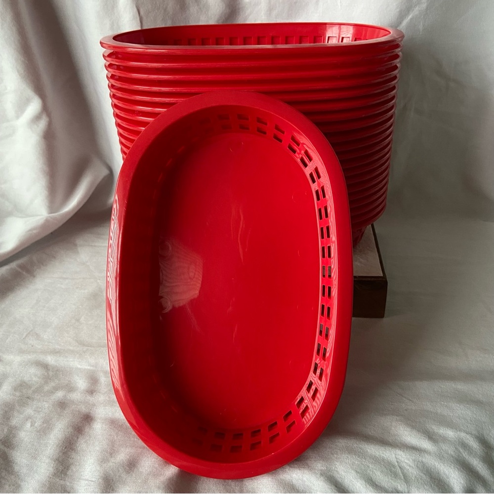 (24) Classic Red Plastic Food Serving Baskets/Trays Oblong Shaped
